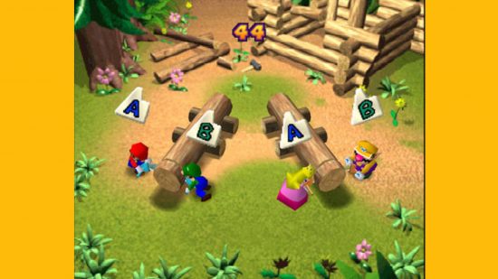 マリオパーティのキャラクター: マリオと仲間たちがミニゲームをプレイしているマリオパーティのスクリーンショット