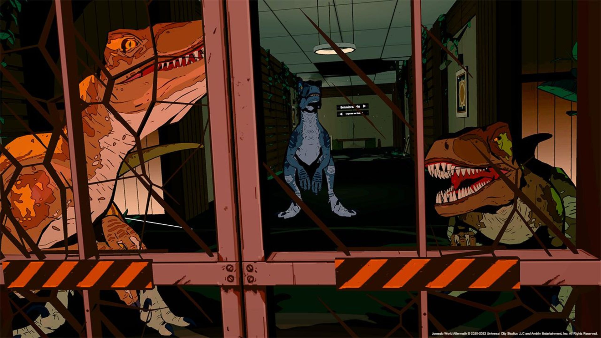 ジュラシック・ワールドのゲーム - 暗い廊下のいくつかのバーの後ろにある 3 つの T-レックス、漫画のシーンですべて異なる色。