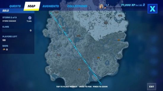 ゲーム内の Fortnite マップはすべて影付きで青色で、未発見の場所には疑問符が付いています。