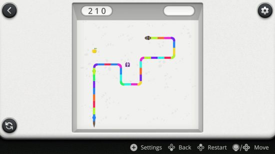 Snake games: Switch の Snake Game のスクリーンショットで、虹色のヘビが白い四角形を移動しています。