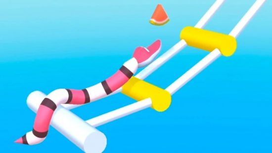 Snake games: Gravity Noodle のスクリーンショットを拡大したもので、白と黒の帯の付いたピンク色のヘビが空のロープ橋を渡ろうとしているところを示しています。