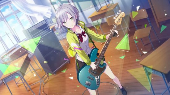 Project Sekai キャラクター: Shiho in her Leo/need uniform 教室でベースギターを弾いている.