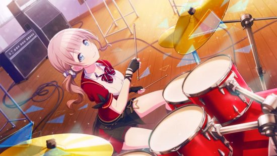 Project Sekai のキャラクター: 教室でドラムを演奏するレオ/ニードの制服を着た穂波.