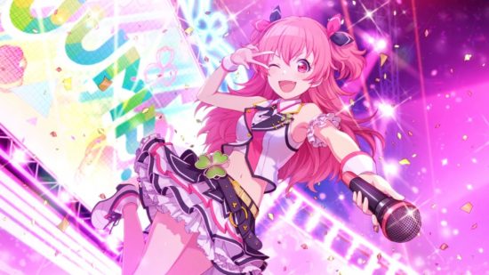 プロジェクトセカイの登場人物：ステージでピースサインをしているMMJの制服を着たアイリ。 ステージ ライトは彼女の後ろにピンク色です。
