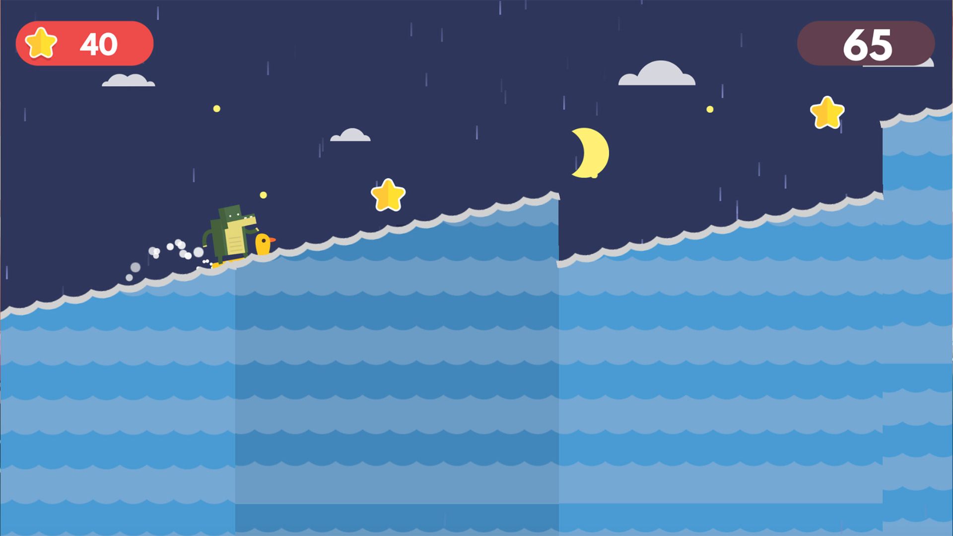サーフィン ゲーム - 2D スクリーンショットでワニが波を滑空します。