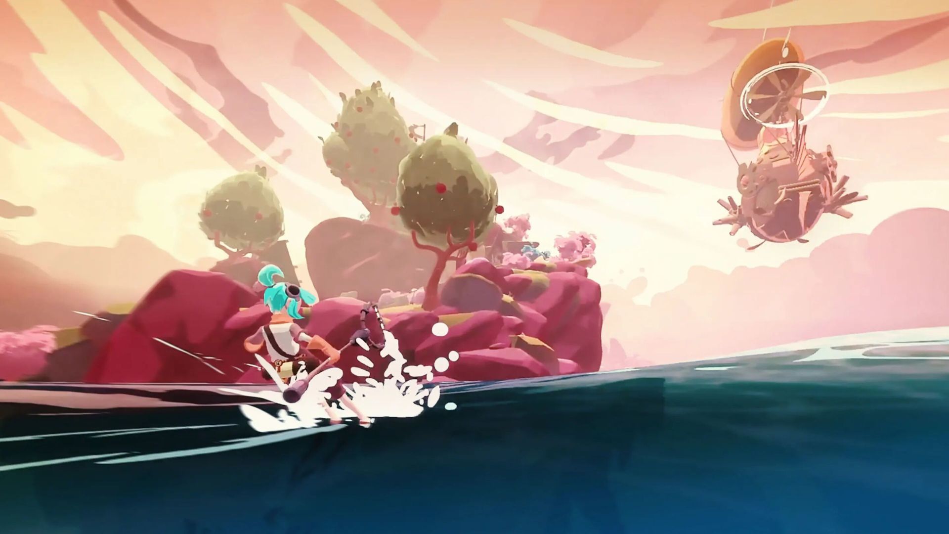サーフィン ゲーム - 大きな赤い岩の露頭と風の強い赤い空が遠くにある水面をキャラクターが滑空します。