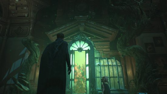 ホグワーツ レガシーで悪になれますか - 緑色に点灯したドアに近づいているプレイヤー キャラクターとハウス エルフ