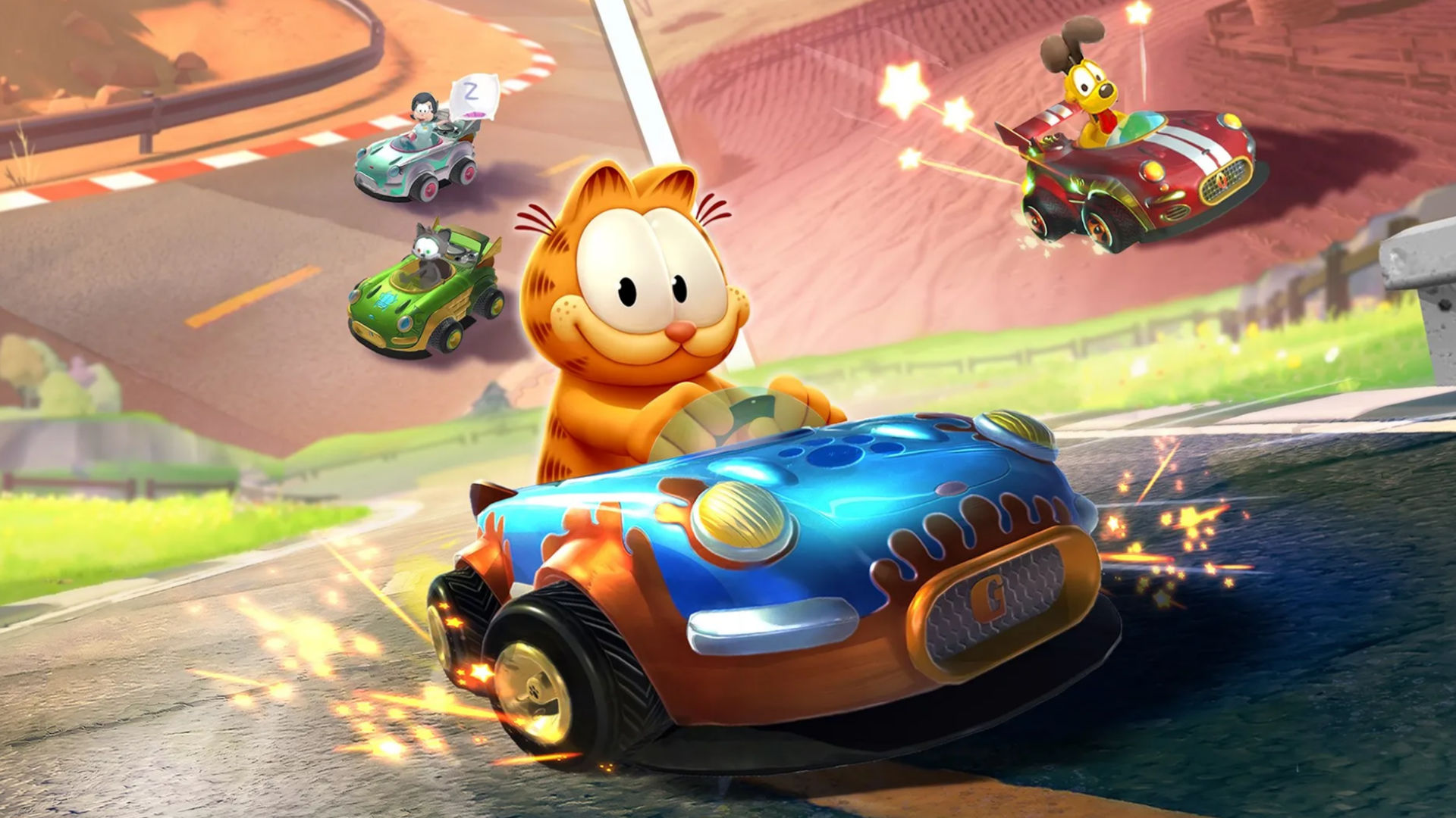 Garfield Kart Furious Racing for Garfield ゲーム ガイドの表紙のカートに乗っている Garfield のスクリーンショット