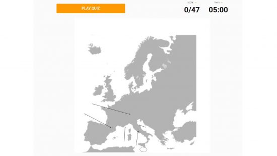 Sporcle ヨーロッパ諸国: Web サイトのスクリーンショット Sporcle は、Countries of Europe: No Outlines minefield というクイズの図を示しています 