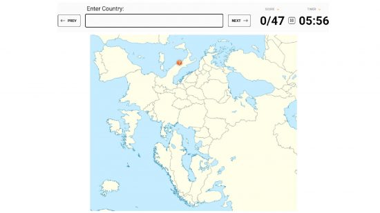 Sporcle ヨーロッパ諸国: Web サイトのスクリーンショット Sporcle は、EuropeSIDE Down として知られるクイズの図を示しています 