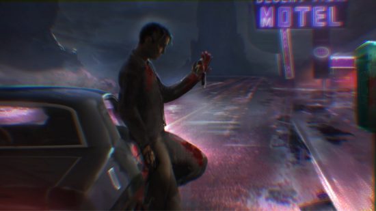 ヴァンパイア ゲーム - モーテルの看板を背景に車にもたれかかる吸血鬼