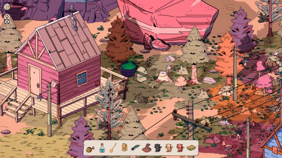 隠しオブジェクト ゲーム Wind Peaks: 大釜とたくさんの木がある森の中の小屋の眺め