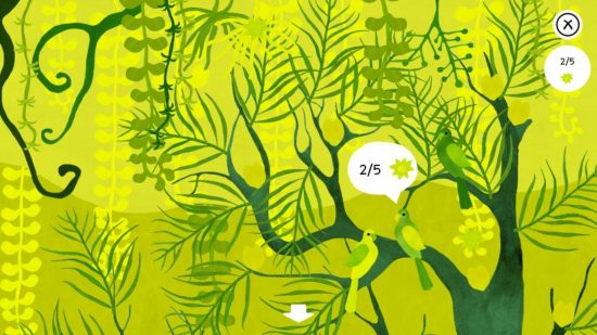 隠しオブジェクト ゲーム 葉の下: ツタに囲まれた木にいる 3 羽の緑の鳥