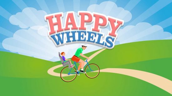 緑の谷で自転車の後ろに主人公と彼の子供が乗っている Happy Wheels の公式プロモーション アート