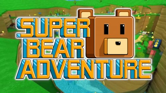 Bear games: ゲームのスクリーンショットの上に貼り付けられた Super Bear Adventure のロゴ。