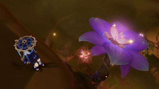 原神インパクト優曇原：巨大な光る花を見ている大きな帽子のキャラクター