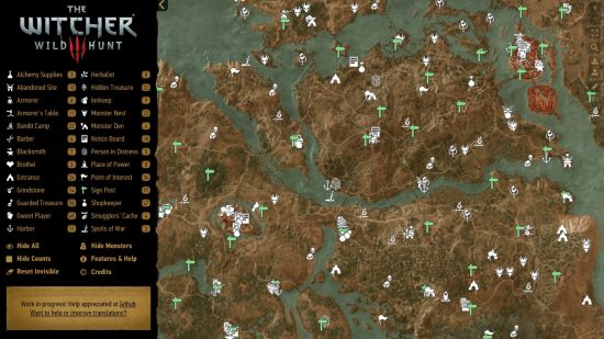 ウィッチャー 3 の地図で、陸と海に散らばる何千ものアイコンが左側に凡例、右側にカテゴリが表示されています。