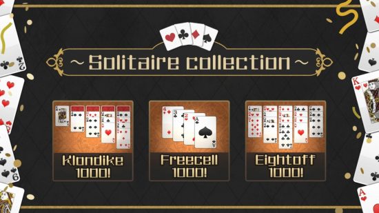 Switch とモバイルでソリティアをプレイする多くの方法の 1 つであるソリティア コレクション。ゲーム名の下に 3 種類のソリティアが表示され、各スーツの 4 枚のカードのロゴが表示されます。