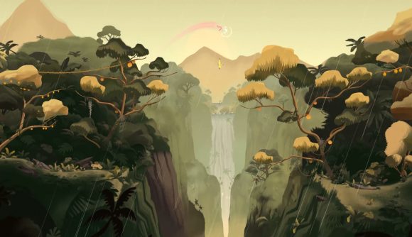 最高の Apple Arcade ゲーム: Gibbon: Beyond the Trees. 画像は、滝や木々の近くの木々の間を揺れるテナガザルを示しています。