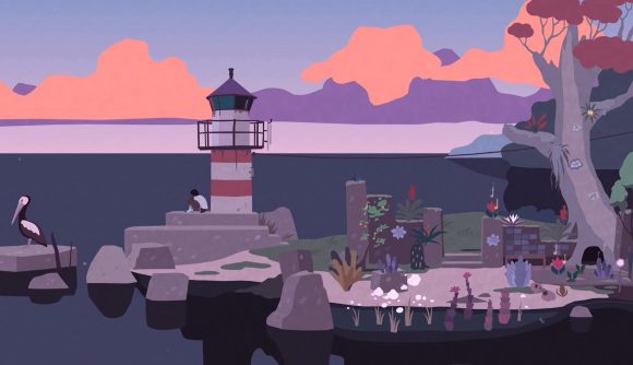 最高の Apple Arcade ゲーム: Mutazione. 画像は、ゲームのスクリーンショットで人里離れた灯台のそばに座っているキャラクターを示しています。