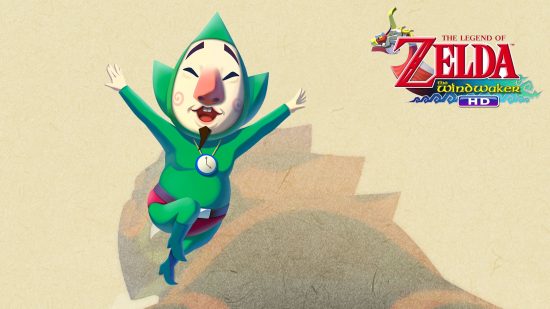 ゼルダのキャラクター - テキストの横で両腕を宙に浮かせて跳躍するチンクル 