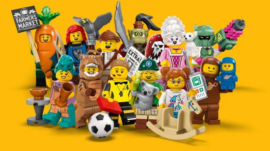 Fortnite Lego: 黄色の背景にレゴ ミニフィグのセレクションが表示されます