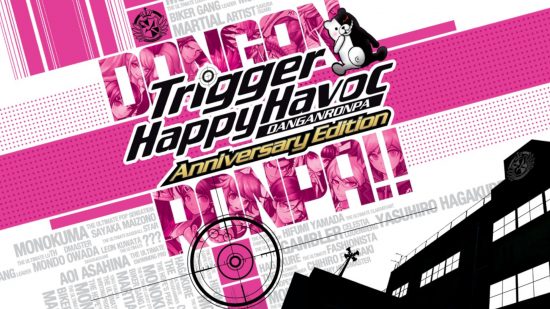 探偵ゲーム: ダンガンロンパ トリガー ハッピー ハボック アニバーサリー エディションのピンク、白、黒のカバー アート。