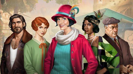 探偵ゲーム: June's Journey のキー アート。中央にジューン自身を含む数人のキャラクターが描かれ、真っ赤なカーディガンと羽のついたお揃いの帽子をかぶっています。