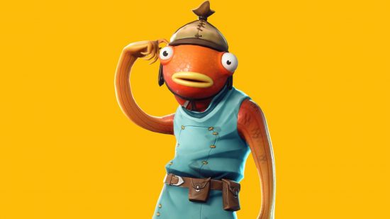 フォートナイト フィッシュスティックは、片方の腕を頭に上げたオレンジ色の魚の人型です。 このバージョンでは頭にバンダナを巻いて青いチュニックを着ています。