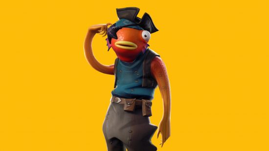フォートナイト フィッシュスティックは、片方の腕を頭に上げたオレンジ色の魚の人型です。 このバージョンには、海賊の帽子、眼帯、青と茶色の海賊の衣装が付いています。