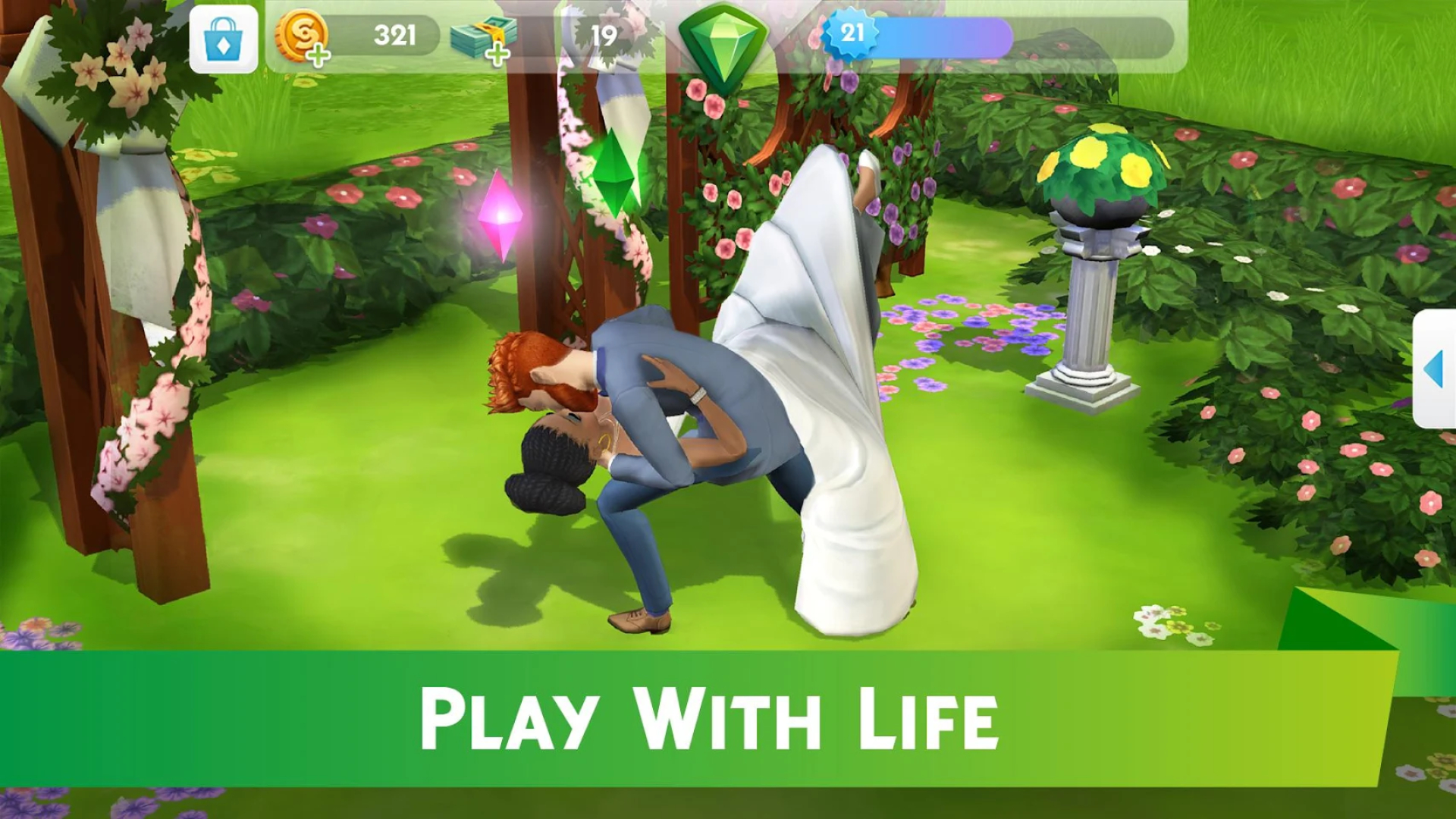 女の子向けゲーム - シムズの庭で結婚する新郎新婦