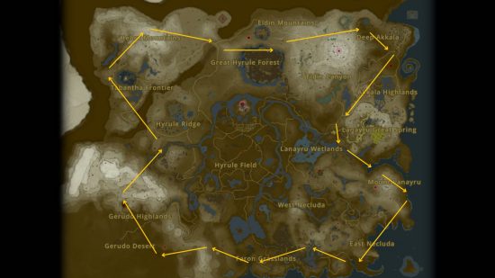 ハイラルを横断するゼルダの王国の涙の光のドラゴンの道を示す地図