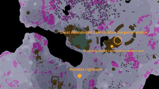 王国の涙を示す地図 放棄された中央鉱山の交渉人像の場所