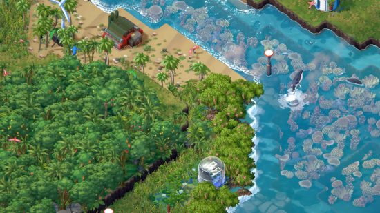 科学ゲーム: Terra Nil のスクリーンショット。緑豊かな熱帯雨林とビーチ、さらにサンゴ礁と数頭のクジラのある水域が示されています。
