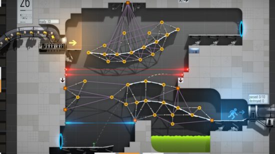 科学ゲーム: 複雑な橋システムと危険な障害物を示す Bridge Constructor Portal のスクリーンショット。