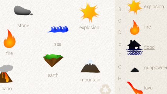 科学ゲーム: 海の波、漫画の山など、作成できるすべてのものを表すために使用される単純なシンボルを示す Little Alchemy のスクリーンショット