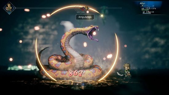Switch のベスト JRPG リストに選ばれた「オクトパス トラベラー」の大蛇との戦いのスクリーンショット