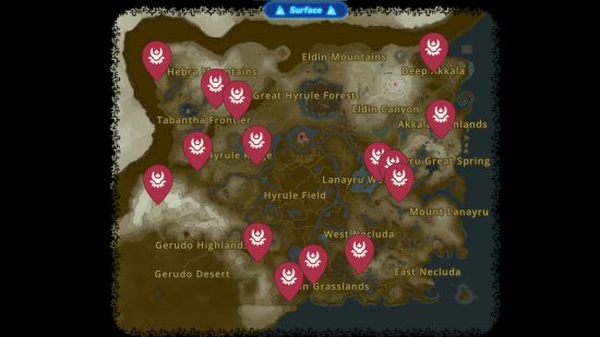 ハイラルの地表にあるすべてのゼルダの王国の涙のライネルの場所を示す地図