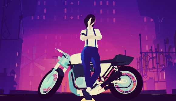 最高の Apple Arcade ゲーム: さよならワイルドハーツ. 画像は、夜にオートバイにもたれかかる謎の人物を示しています。