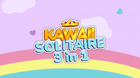 Switch とモバイルでソリティアをプレイする多くの方法の 1 つである Kawaii Solitaire 3in1 のロゴは、ピンク、黄色、青の虹の上にあり、背景にはピンクのふくらんでいる雲があります。