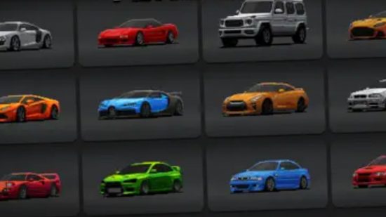Apex Racer コード - ピクセル アート グリッド内のさまざまな色のさまざまな車。 緑のストリートレーサーに似た青いブガッティ、銀色のメルク・グワゴンの模倣車、その他にもいくつかあります。