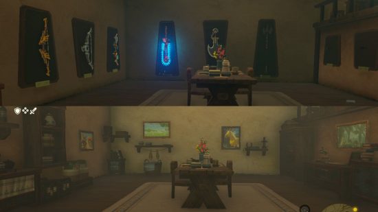 リンク ゼルダの愛 - 2 つの画像、1 つはゼルダが引っ越してくる前のリンクの家を示し、もう 1 つはゼルダが引っ越した後を示し、壁に馬の絵とアートが表示されます。