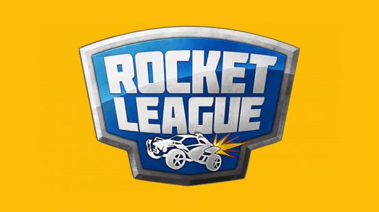 マンゴーイエローの背景にロケットリーグのロゴ。 バギーのような車の上に、その下に金属で彫られたかのようなゲームのタイトルが記された紋章です。