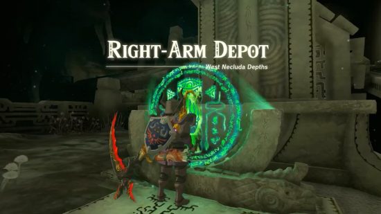 ゼルダの王国の涙は工場を建設します - リンクは緑のポータルの前に立っており、その上に「RIGHT-ARM DEPOT」という文字が表示されています