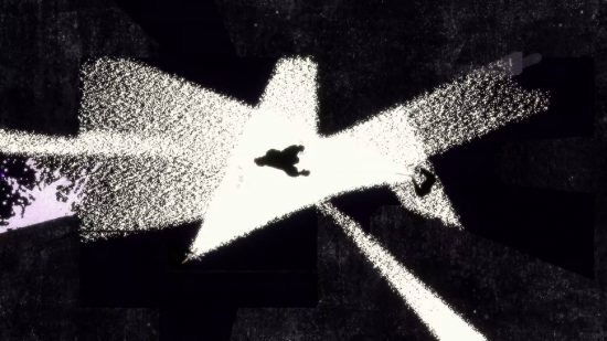 トップダウン ゲーム: トップダウン シーンでは、ゴリラが白黒の部屋を移動する様子が示されています。