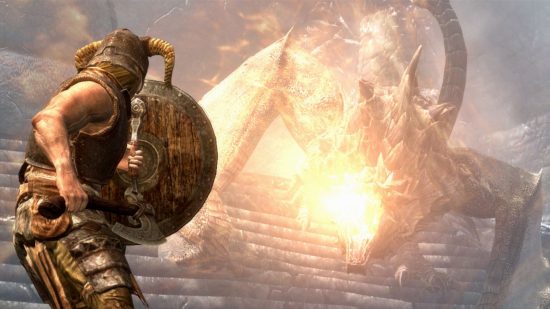 スカイリムの従者：スカイリムの戦士を背負った盾にドラゴンが火を噴く。