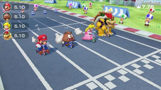 マリオパーティ ゲーム: マリオ、クリボー、ピーチ、クッパはすべて、ゴールラインを越えるために小さなボケで競い合います。
