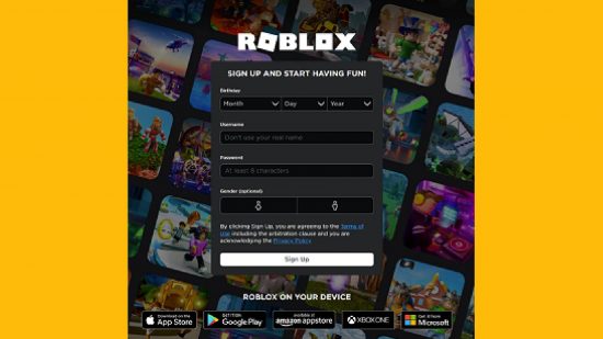 Roblox 名: Roblox アカウントを作成するメニューを示すスクリーンショット