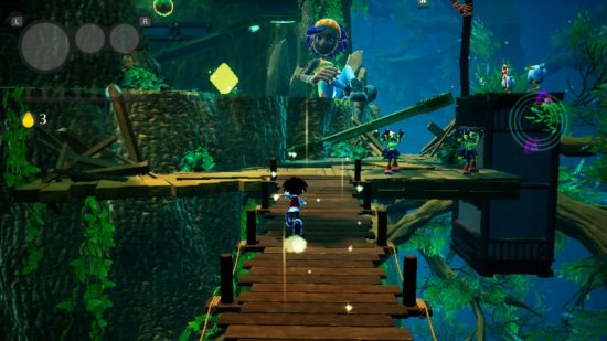 スイッチの悪いゲーム Balan Wonderworld: ジャングルの中で木の橋を渡って走るキャラクター