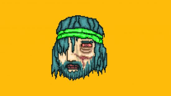 ホットライン マイアミ バイカー: キャラクター バイカーは、黄色の背景に、長い緑色の髪と血まみれの目を持って表示されます。
